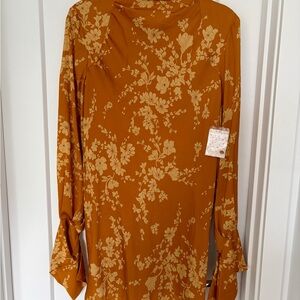 Free People Floral Long Sleeve Dress in Mustard and Cream